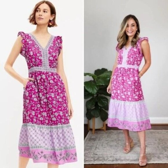 LOFT Women's Border Ruffle Floral V-Neck Sleeveless Midi Dress Size 10 - Picture 2 of 9